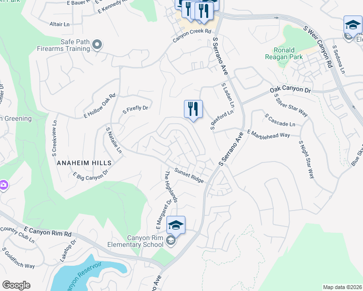 map of restaurants, bars, coffee shops, grocery stores, and more near 1069 South Positano Avenue in Anaheim