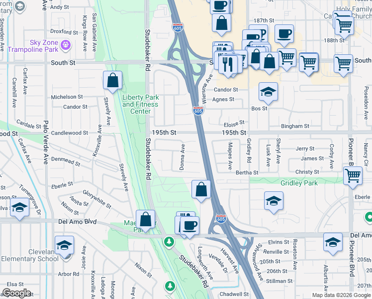 map of restaurants, bars, coffee shops, grocery stores, and more near 19518 Donna Ave in Artesia
