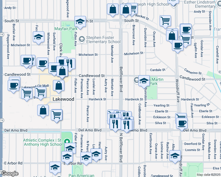 map of restaurants, bars, coffee shops, grocery stores, and more near 5145 Montair Avenue in Lakewood