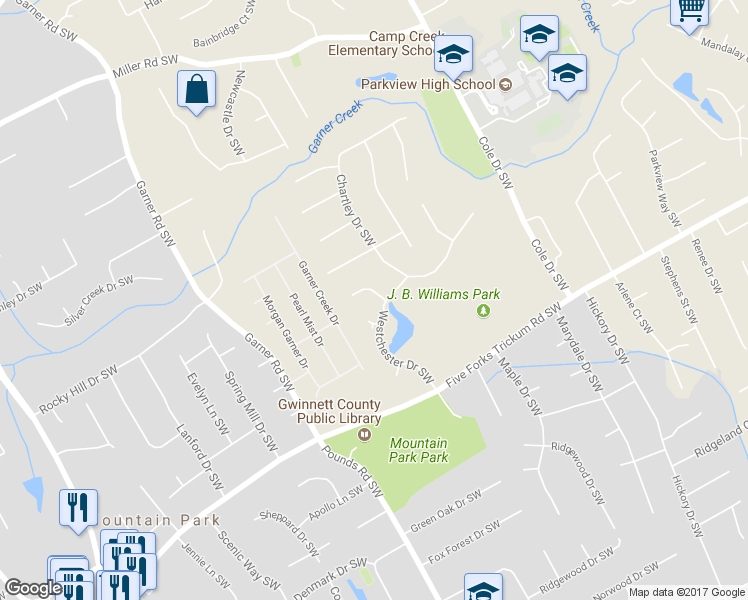 map of restaurants, bars, coffee shops, grocery stores, and more near 4994 Haley Court Southwest in Lilburn