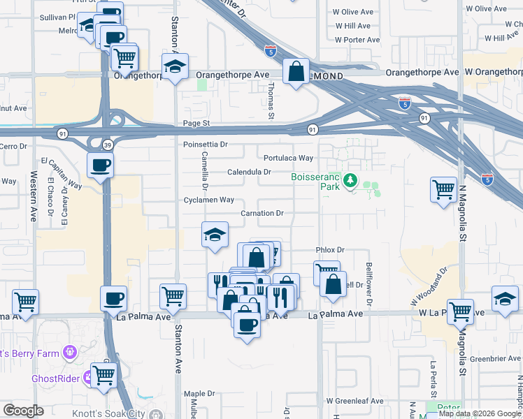 map of restaurants, bars, coffee shops, grocery stores, and more near 8297 Carnation Drive in Buena Park