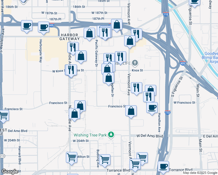 map of restaurants, bars, coffee shops, grocery stores, and more near 19771 Magellan Drive in Torrance