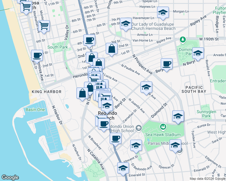 map of restaurants, bars, coffee shops, grocery stores, and more near 514 Agate Street in Redondo Beach