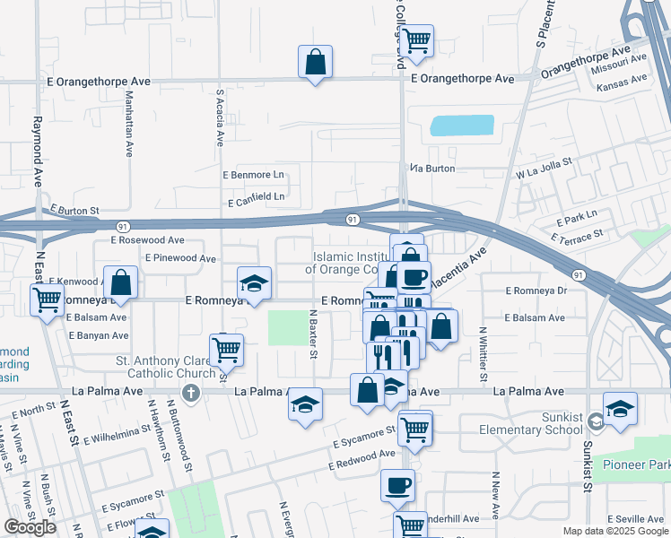 map of restaurants, bars, coffee shops, grocery stores, and more near 1722 East Arbutus Avenue in Anaheim