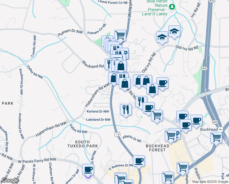 map of restaurants, bars, coffee shops, grocery stores, and more near 3541 Roswell Road Northeast in Atlanta