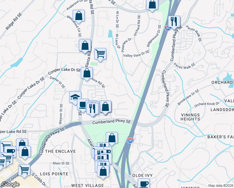 map of restaurants, bars, coffee shops, grocery stores, and more near 2363 Oberon Walk Southeast in Smyrna