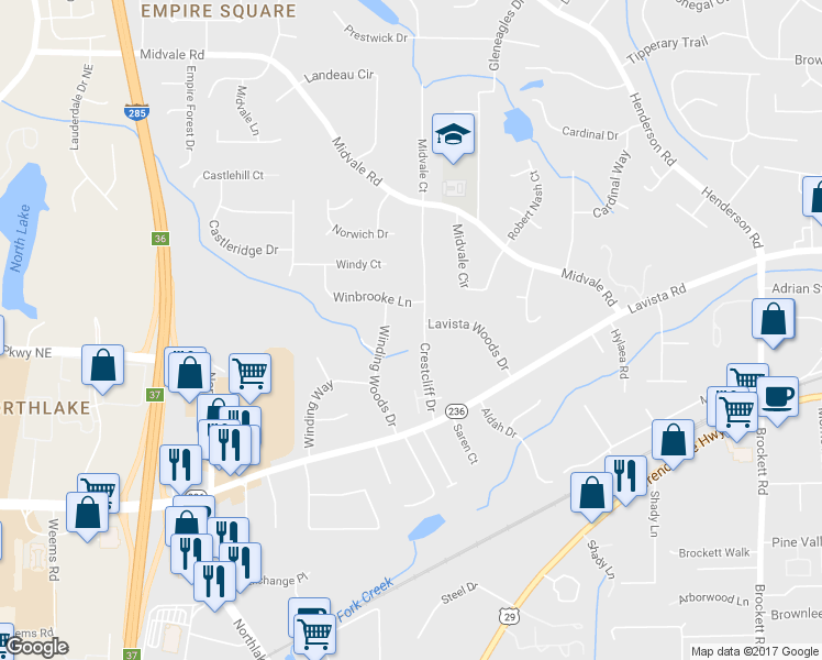 map of restaurants, bars, coffee shops, grocery stores, and more near 2284 Crestcliff Drive in Tucker