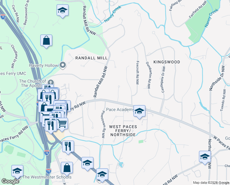 map of restaurants, bars, coffee shops, grocery stores, and more near 3558 Ranier Drive Northwest in Atlanta