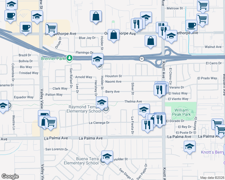 map of restaurants, bars, coffee shops, grocery stores, and more near 6585 Berry Avenue in Buena Park