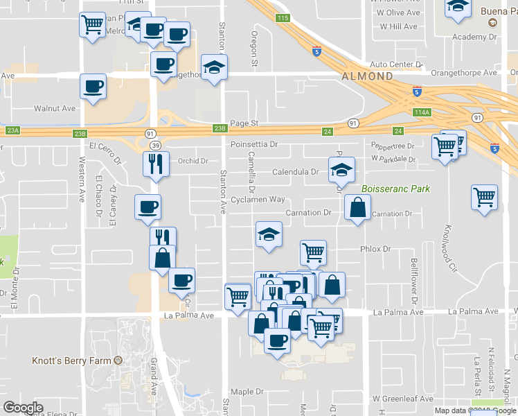 map of restaurants, bars, coffee shops, grocery stores, and more near 8109 Carnation Drive in Buena Park