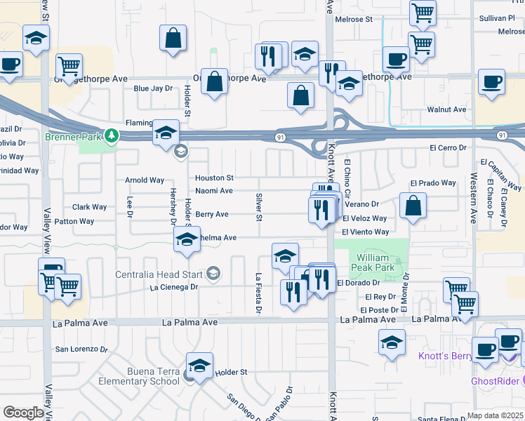map of restaurants, bars, coffee shops, grocery stores, and more near 7612 Silver Street in Buena Park