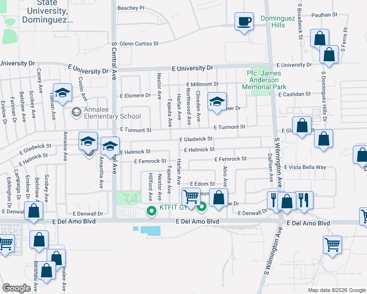 map of restaurants, bars, coffee shops, grocery stores, and more near 1523 East Helmick Street in Carson