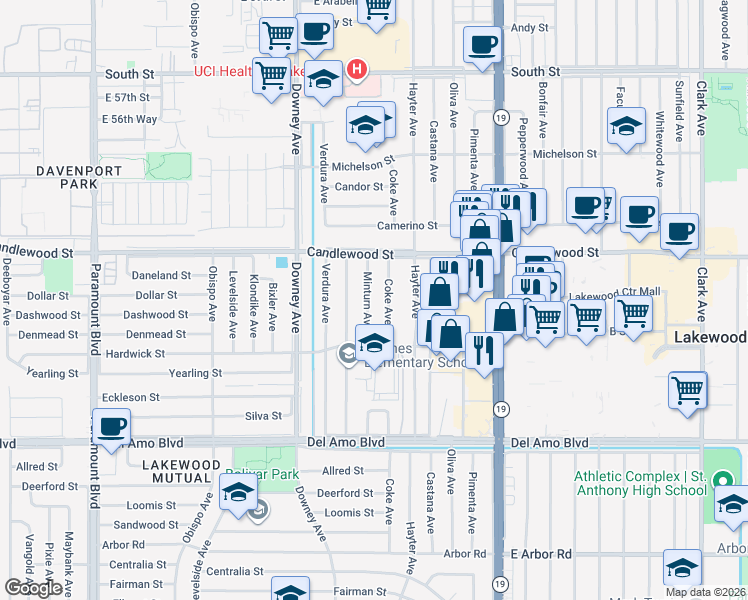 map of restaurants, bars, coffee shops, grocery stores, and more near 5203 Coke Avenue in Lakewood