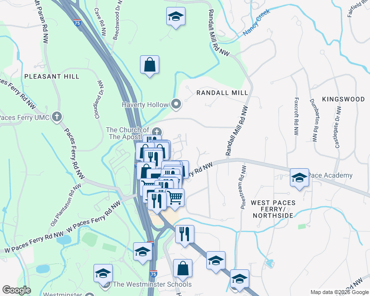 map of restaurants, bars, coffee shops, grocery stores, and more near 53 Paces West Drive Northwest in Atlanta