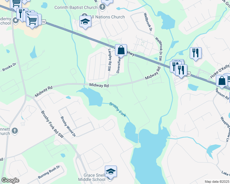 map of restaurants, bars, coffee shops, grocery stores, and more near 3425 Midway Cove Drive in Loganville