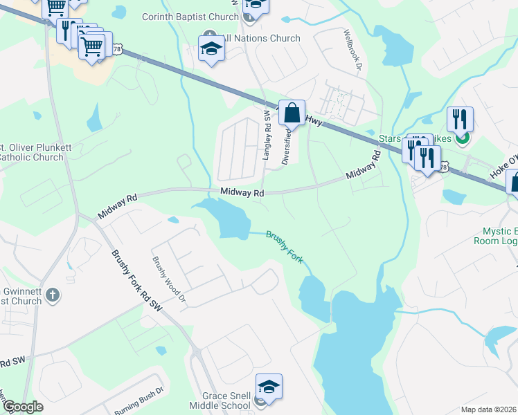 map of restaurants, bars, coffee shops, grocery stores, and more near 854 Langley View Court in Loganville