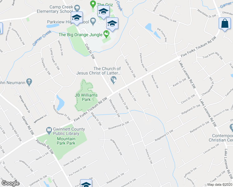 map of restaurants, bars, coffee shops, grocery stores, and more near 1207 Hickory Drive Southwest in Lilburn