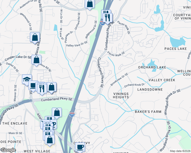map of restaurants, bars, coffee shops, grocery stores, and more near 2151 Cumberland Parkway Southeast in Atlanta