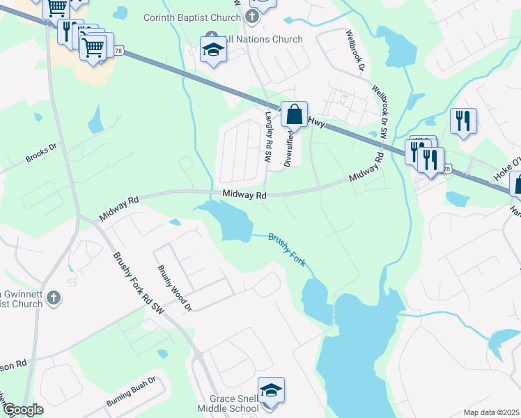 map of restaurants, bars, coffee shops, grocery stores, and more near 844 Langley View Court in Loganville