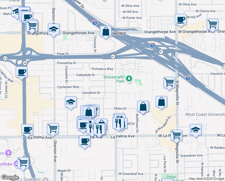 map of restaurants, bars, coffee shops, grocery stores, and more near 8481 Carnation Drive in Buena Park