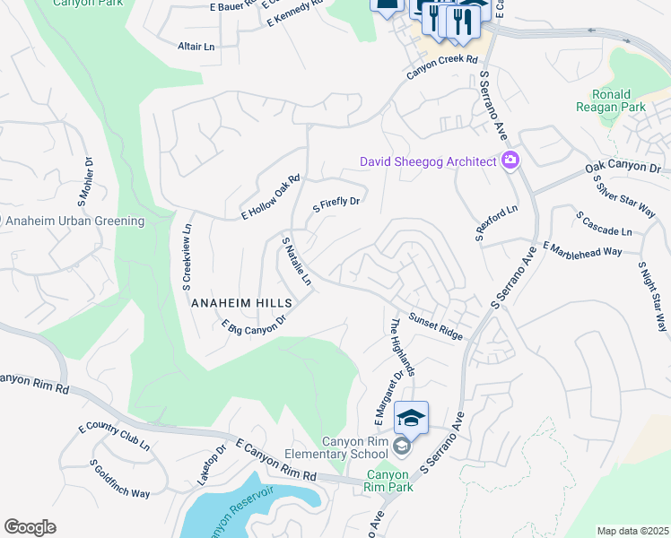 map of restaurants, bars, coffee shops, grocery stores, and more near 7715 East Viewrim Drive in Anaheim