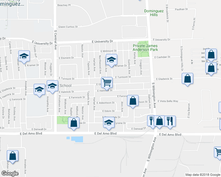 map of restaurants, bars, coffee shops, grocery stores, and more near 1703 East Helmick Street in Carson