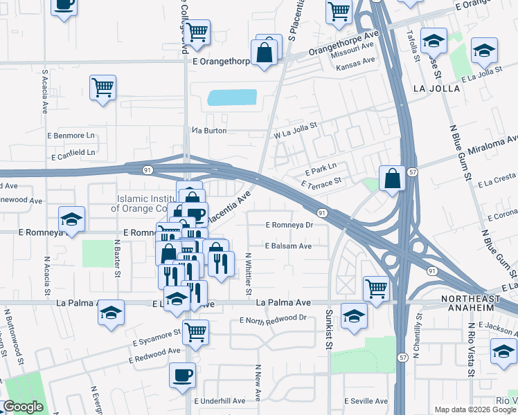 map of restaurants, bars, coffee shops, grocery stores, and more near 1302 North Basque Circle in Anaheim