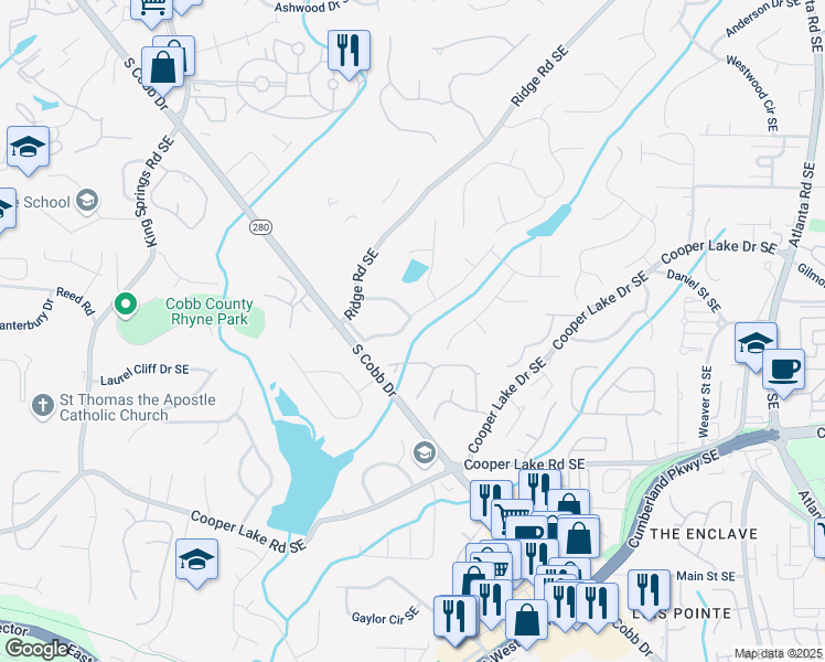 map of restaurants, bars, coffee shops, grocery stores, and more near 1602 Shamrock Trail in Smyrna
