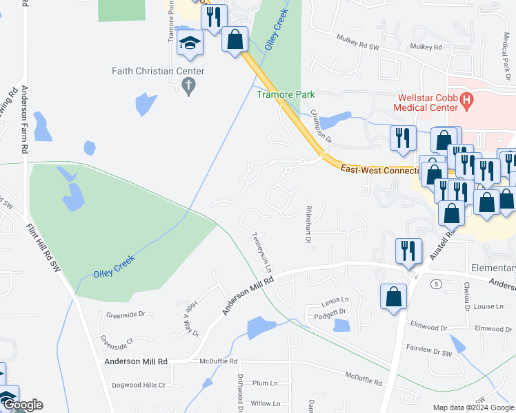 map of restaurants, bars, coffee shops, grocery stores, and more near 4225 Tenneyson Lane in Austell