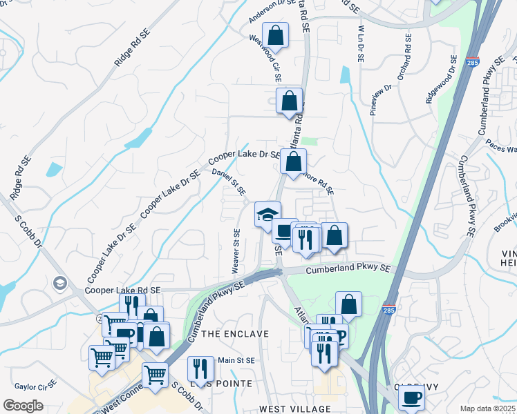 map of restaurants, bars, coffee shops, grocery stores, and more near 2215 Cooper Lake Road Southeast in Smyrna