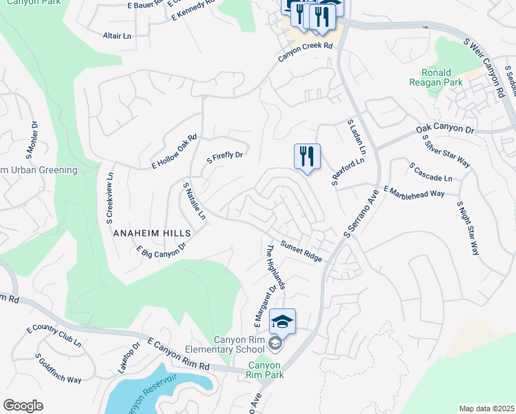 map of restaurants, bars, coffee shops, grocery stores, and more near 7734 East Portofino Avenue in Anaheim