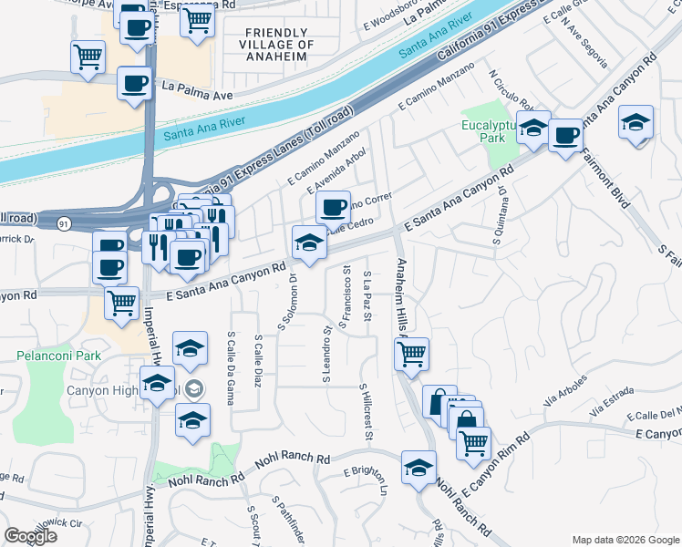map of restaurants, bars, coffee shops, grocery stores, and more near 113 South Francisco Street in Anaheim
