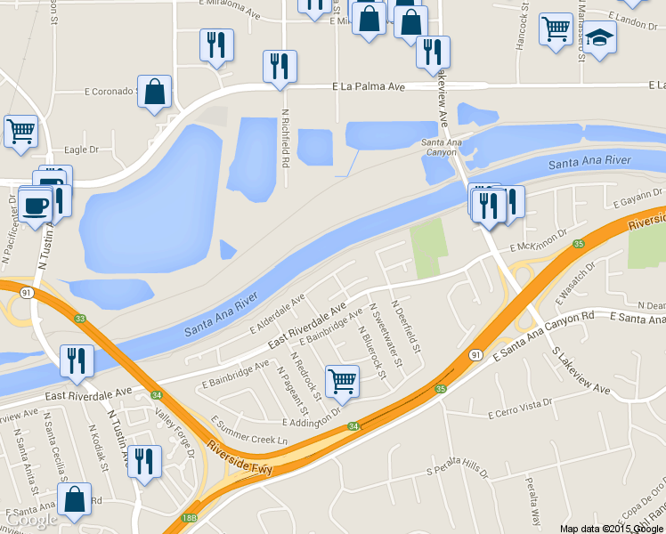 map of restaurants, bars, coffee shops, grocery stores, and more near 4401 East Alderdale Avenue in Anaheim