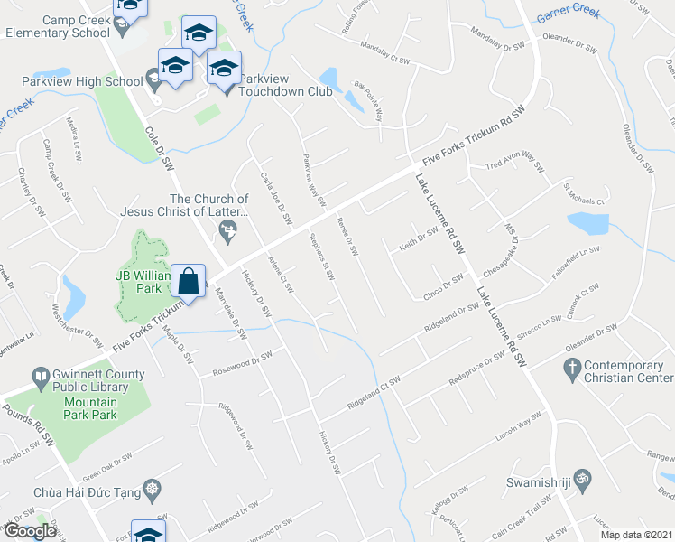 map of restaurants, bars, coffee shops, grocery stores, and more near 1262 Stephens Street Southwest in Lilburn