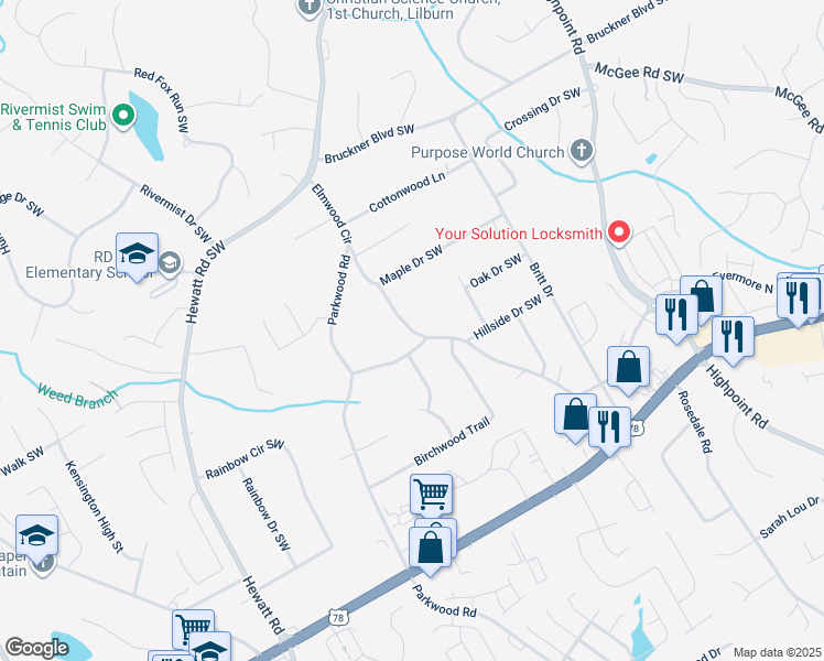 map of restaurants, bars, coffee shops, grocery stores, and more near 1959 Elmwood Circle in Snellville