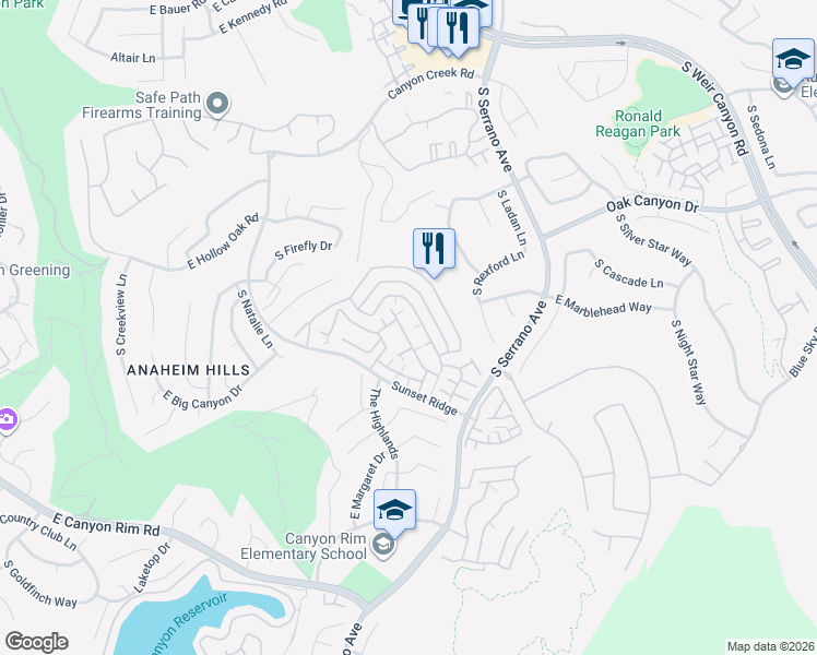 map of restaurants, bars, coffee shops, grocery stores, and more near 7798 East Portofino Avenue in Anaheim