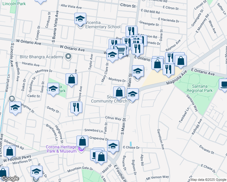 map of restaurants, bars, coffee shops, grocery stores, and more near 2488 Picasso Circle in Corona