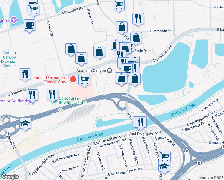 map of restaurants, bars, coffee shops, grocery stores, and more near 1031 PacifiCenter Drive in Anaheim