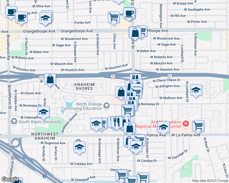 map of restaurants, bars, coffee shops, grocery stores, and more near 1731 W Medical Center Dr in Anaheim