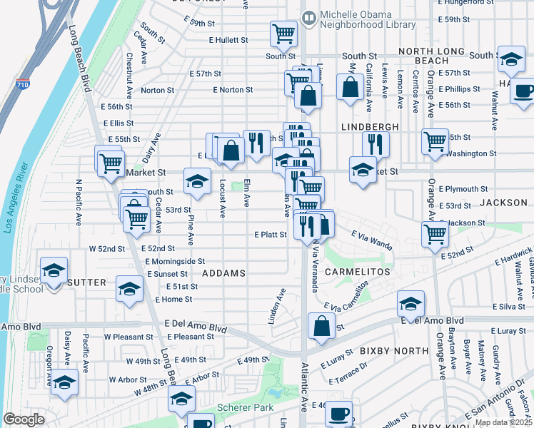 map of restaurants, bars, coffee shops, grocery stores, and more near 487 East Mountain View Street in Long Beach