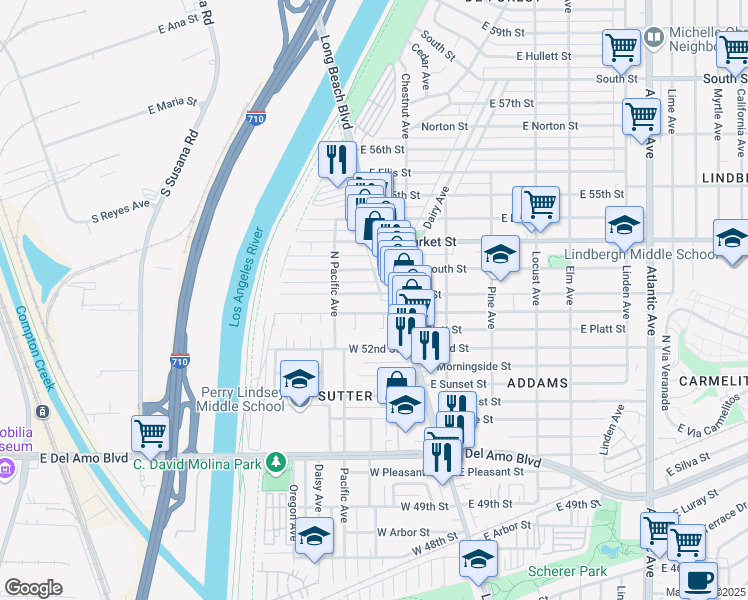 map of restaurants, bars, coffee shops, grocery stores, and more near 27 West Mountain View Street in Long Beach