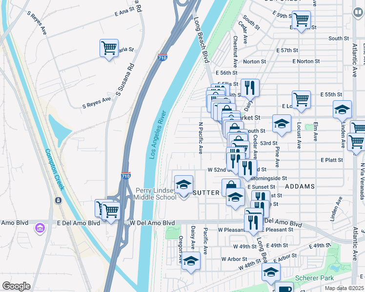 map of restaurants, bars, coffee shops, grocery stores, and more near 135 West Mountain View Street in Long Beach
