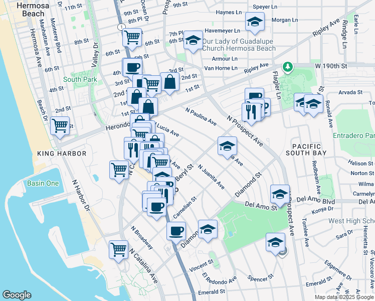 map of restaurants, bars, coffee shops, grocery stores, and more near 708 North Juanita Avenue in Redondo Beach