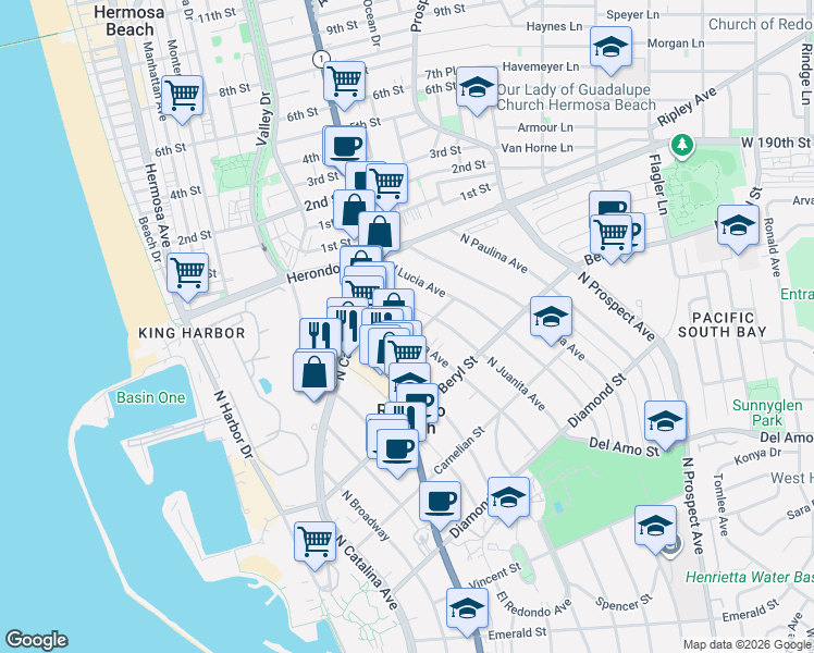 map of restaurants, bars, coffee shops, grocery stores, and more near 807 North Irena Avenue in Redondo Beach