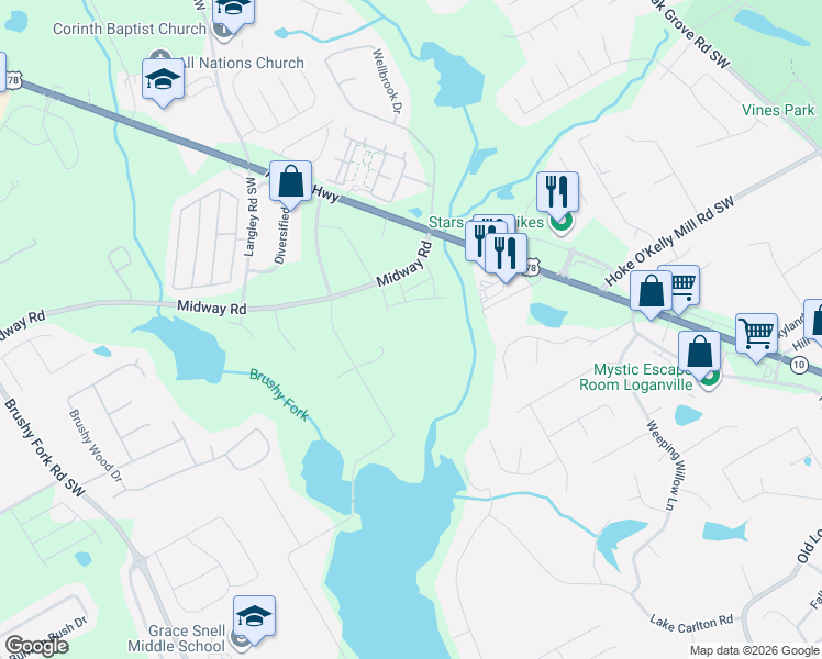 map of restaurants, bars, coffee shops, grocery stores, and more near 3450 Lake Carlton Road in Loganville