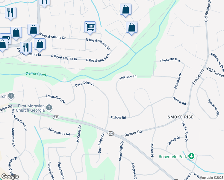 map of restaurants, bars, coffee shops, grocery stores, and more near 5160 Antelope Lane in Stone Mountain