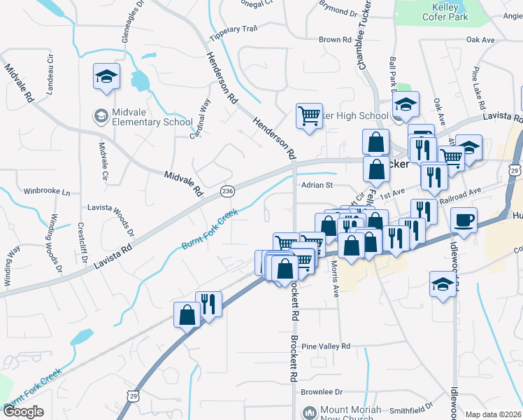 map of restaurants, bars, coffee shops, grocery stores, and more near 3970 Chelsea Common in Tucker