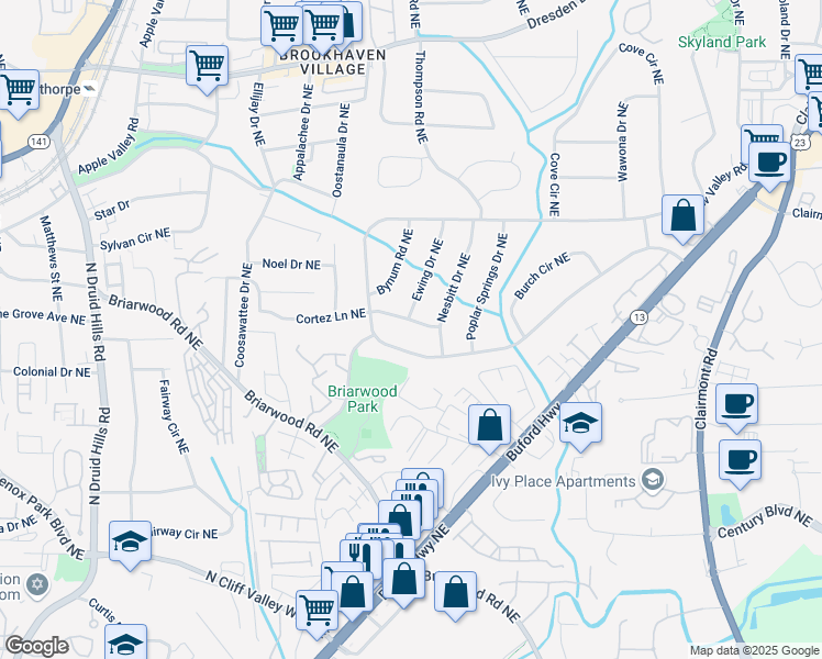 map of restaurants, bars, coffee shops, grocery stores, and more near 2265 Drew Valley Road Northeast in Atlanta