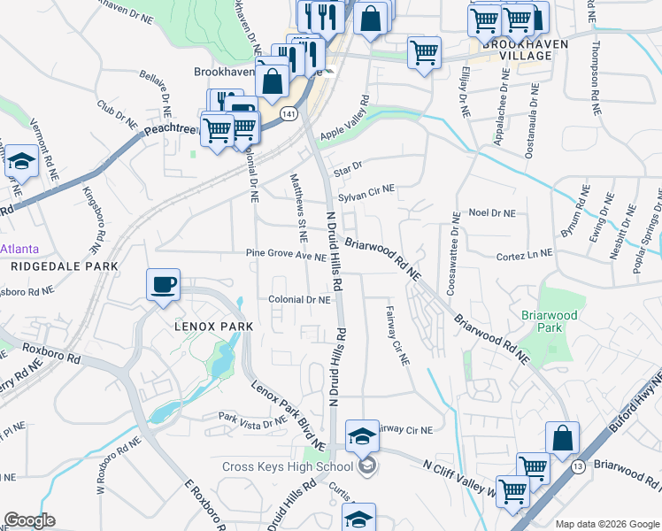 map of restaurants, bars, coffee shops, grocery stores, and more near 1399 North Druid Hills Road in Brookhaven