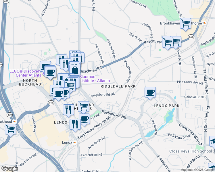map of restaurants, bars, coffee shops, grocery stores, and more near 1015 Eulalia Road Northeast in Atlanta